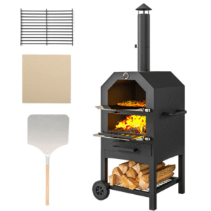 Outsunny Outdoor Pizza Oven Charcoal Grill with Rain Cover, Shelf and Wheels