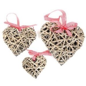 20cm WICKER HEART WITH RED GINGHAM RIBBON GREY